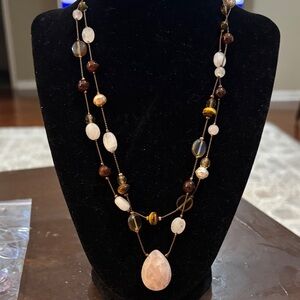 Multi-Stone Brown and Rose Quartz Layered Pendant Necklace